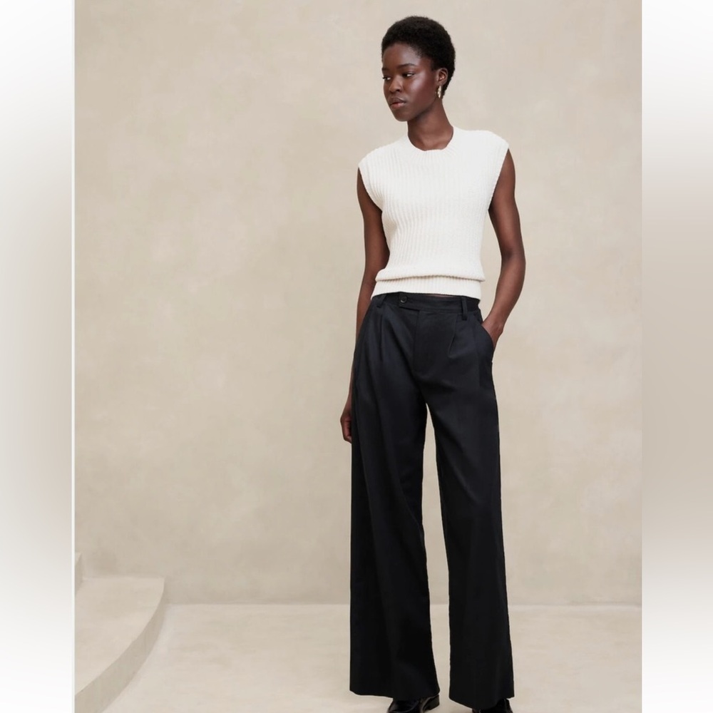 Banana Republic Linen Blend Wide Leg Pleated Black Trouser Pants